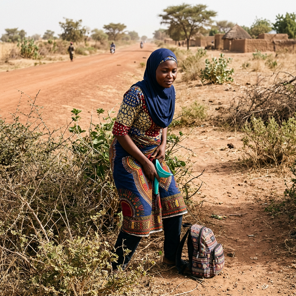 Woman in patterned dress and headscarf holding a portable toilet near bushes on a dirt road