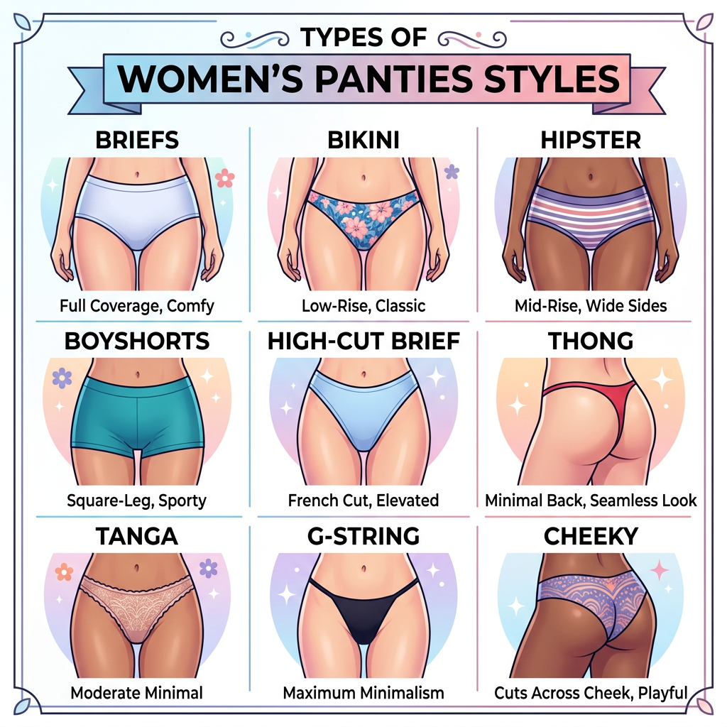 Nine types of women's panties styles including briefs, bikini, hipster, boyshorts, high-cut brief, thong, tanga, G-string, cheeky.