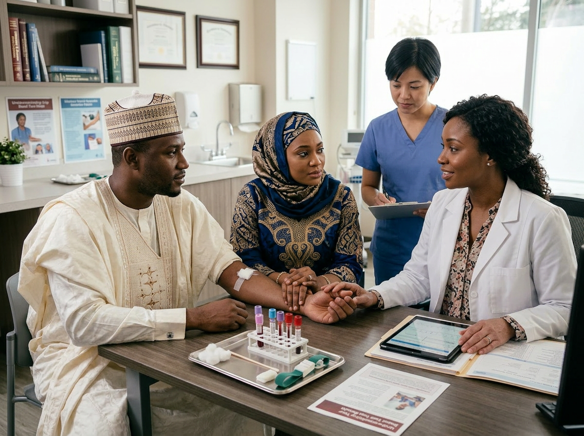 Doctor consulting with a couple while nurse takes notes in clinic