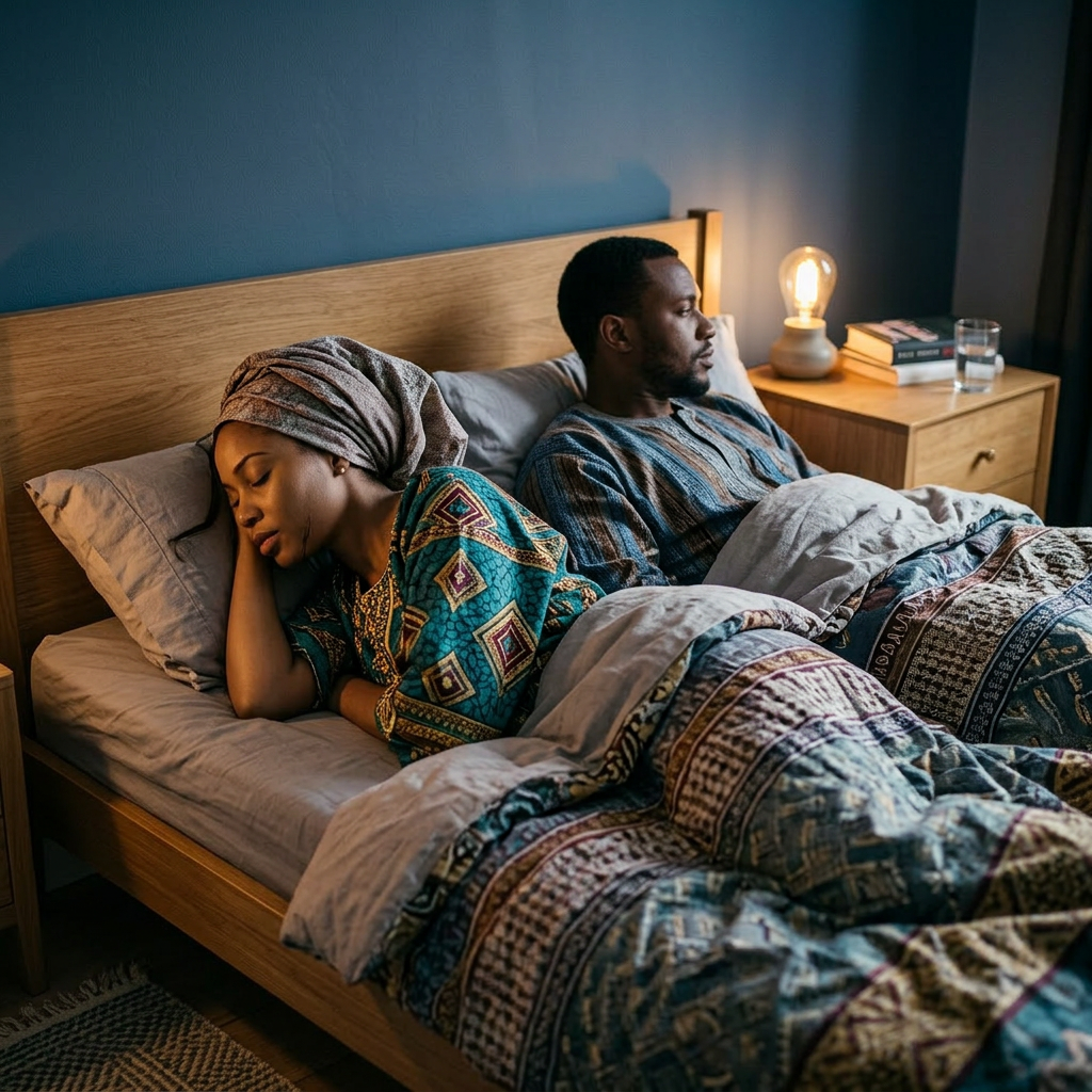 Man and woman lying in bed back to back, appearing emotionally distant