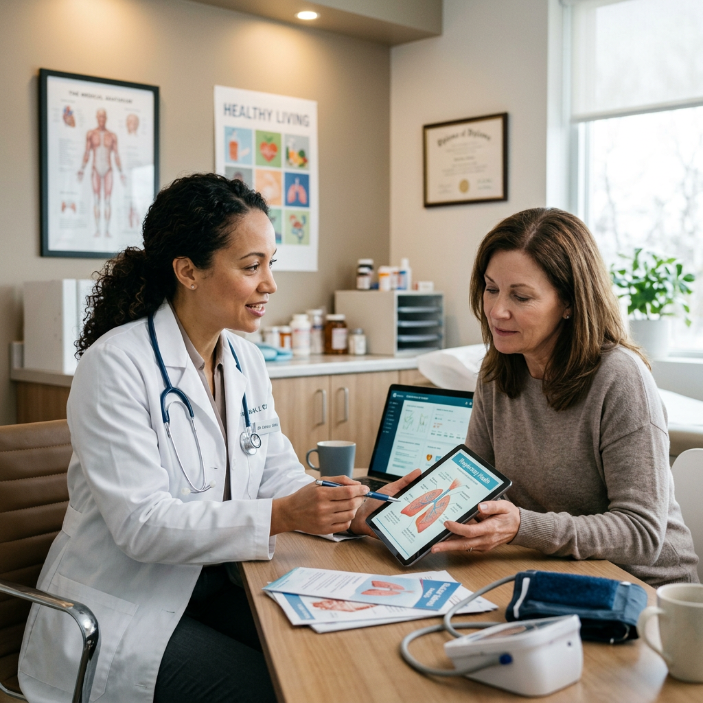 Doctor showing a respiratory system diagram on a tablet to a patient in a medical office