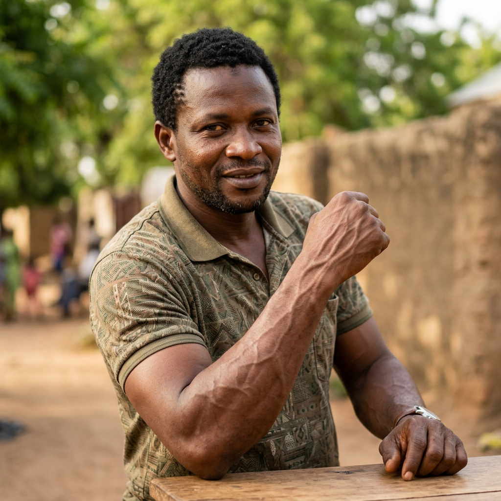 Man flexing arm muscle and smiling outdoors with blurred background